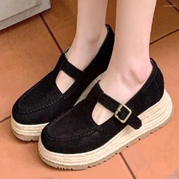 Casual Shoes Women's Natural Suede Leather T-strap Flats Loafers Female Thick Sole Platform Moccasins Daily Espadrilles Shoe Women