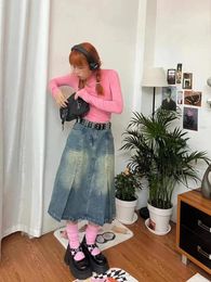 Skirts 2024 High Waist Long Denim Skirt Midi Women Summer Pleated Jeans Vantage Grey Kawaii Stylish Maxi Streetwear