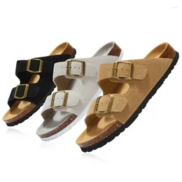 Slippers 2024 Summer Men Women's Cork Casual Beach Double Buckle Outer Matte Leather Slip On Non-slip Ladies Shoes