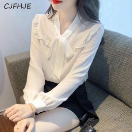 Women's Blouses CJFHJE Women French Style Ruffled Lace Up Bow Chic Shirts Spring Trendy Long Sleeve Elegant White Sweet Fairy Tops Blusa