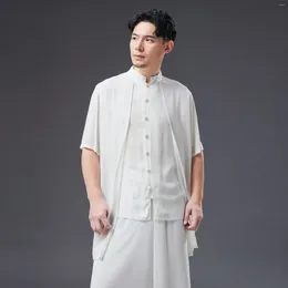 Ethnic Clothing Summer Loose White Solid Colour Placket Chinese Stand-up Collar Thin Shirt Short Sleeve National Style Men