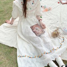 Party Dresses Kawaii Mori Girl Style Flower Embroidery Dress Women Summer Cute Vintage Doll Collar Half-sleeve A Line Beige Long 2024