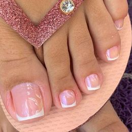 24pcs Simple French Fake Toenails White Edge Pink Short Square Toe Full Cover Foot Nails Tips for Women Girls