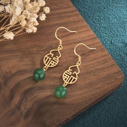 Dangle Earrings Creative Archaistic Women's 925 Silver Female Copper-Plated Gold Inlaid Natural Chalcedony Jasper Gourd