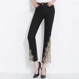 Women's Jeans FERZIGE Brand 2024 Beautiful Embroidery Flare Pants Women Streetwear Skinny High Waist Lady Plus Size Blue Black Trousers