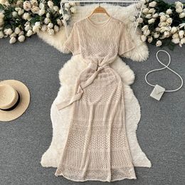 Summer Retro Hollow Out Light Familiar Super Fairy Short Sleeved Dress Womens Mori Fishtail Sheath Long Skirt Fashion