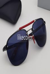 Rimless sunglasses driving glasses racing style metal and nylon Fibre frame shield logo red yellow rubber temple hole detail desig2342077