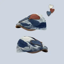 Berets Washed Denim Sboy Hat Men Women Four Season Flat Peaked Cap French Artist Painter Casual Forward Hats With Heart Patch