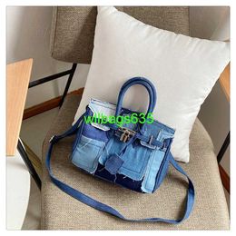 Bk Totes Trusted Luxury Cloth Handbag Super Fire Ins Red Wang Same Denim Canvas Bag Small Panel Handheld Crossbody Women's Bag have logo HBISBO