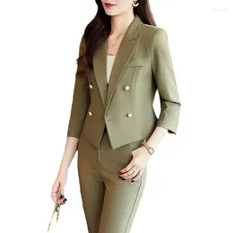 Women's Two Piece Pants Half Sleeve Blazer Suit Casual Summer Double Breasted Elegant Solid Office Ladies Spring Business Work Wear