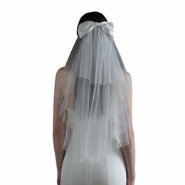 v848 Elegant White Wedding Bridal Veil Soft Tulle Two-Layer Cut Edge Bride Elbow Veil with Satin Bow Women Marriage Accories 02Oh#