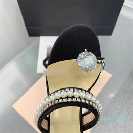 Casual Designer Fashion Women Satin Bow Pearls Crystal Strappy High Heels Sandals Party Shoes Muler Slipper Sandalias Mujeres 10cm