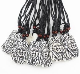 Fashion Jewellery Whole lot 12pcs Imitation Bone Carving Tribal Indian Chief Pendants Necklace with Adjustable Rope Drop Shippin2204825