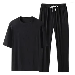 Men's Tracksuits Men Sports Suit Summer Casual Outfit Set With O-neck T-shirt Wide Leg Pants Solid Color Elastic Drawstring Waist Short