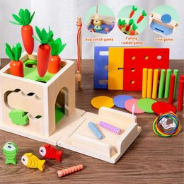 Montessori Wooden Toy Includes Color Sorting Pulling Carrots Fishing Insect Catching Games Fine Motor Skills Toy 240407