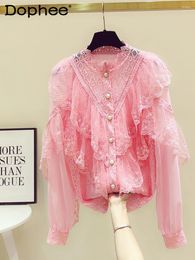 Women's Blouses Sexy Cutout Lace Stitching Stand Collar Shirt Trendy Mesh Ruffled Sweet Pink Long Sleeve Blouse 2024 Autumn Clothes