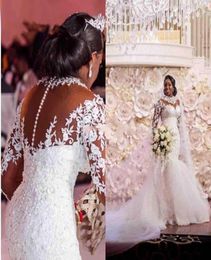 Vintage African Lace Mermaid Wedding Dress Crystals Beaded Appliques Tulle Long Sleeve Formal Bridal Gowns Buttons Sheer Back Long5327547