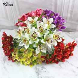 Decorative Flowers Red Artificial Mini Orchid Silk Bouquet Orhcid Flores For Wedding Home Table Vase Bedside DIY Decor Fake White