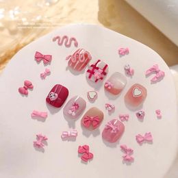 Nail Art Decorations 10pcs Pink Bow Heart Charm 3D Alloy Rhinestone Young Girl Design Nails Cute DIY Manicure Accessories