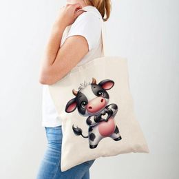 Storage Bags Children Gift Cute Cartoon Cow Shopper Bag Kawaii Funny Animal Women Tote Handbag Double Print Canvas Cloth Lady Shopping