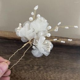 Hair Clips 1pcs Wedding Bridal Headpiece White Mesh Flower Fairy Hairpins Imitition Pearl Beaded Headdress Jewelr