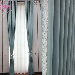 Curtain Turquoise Thickened High-precision Jacquard Lace Splicing Blackout Curtains For Living Room Bedroom French Window Balcony