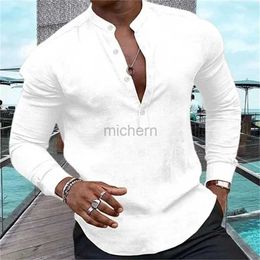 Men's Casual Shirts 2024 Mens Comfortable Loose Undershirt Solid Colour Long Sleeve Stand Collar Shirt Fashion Design 240416