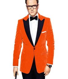 Taron Egerton Orange Velvet Men Suits Peaked Lapel Two Piece Wedding Groom Tuxedos 2018 Evening Party Suit Jacket Black Pants2569478