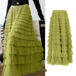 Summer Spring Womens Multilayer Ruffles Tulle Skirt Pleated High Waist Fluffy Maxi Fairy Cake Dress Long Tutu Party 240416