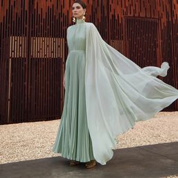 Modern Sage Green Prom Formal Dress Cap Sleeves High Neck Chiffon Long A Line Pleat Evening Party Gowns Celebrity Wear Arabic Robe De Soiree