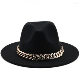 Berets Womens's Hat Wide Brim Thick Gold Chain Band Classic Black Beige Felted Panama Cowboy Jazz Men Caps Luxury Fedora Women Hats