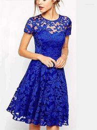 Casual Dresses Sexy Hollow Out See Through Lace Dress Short Sleeves Round Neck Commuting A-line For Women Fashion Elegant Lady Vestidos