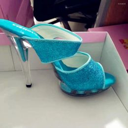 Dance Shoes 13cm High Heels Sexy Blue Sequined Sandals For Model Night Clubs Transparent Stage Parties