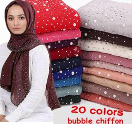 10pclot Women039s Bubbles Chiffon Scarf and diamond studs Pearls scarf plain hijab shawls Wraps solid Colour muslim hijab74901895539997