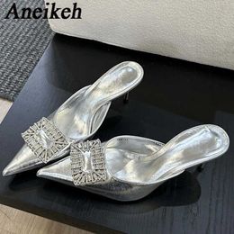 Slippers Aneikeh sequined silver mule womens slippers fashionable rhinestone buckle summer sandals thin heels party ball and dance shoes J240416