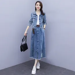 Work Dresses Fashion Women Denim Sets Long Sleeved Short Jackets Holes Tassels Jean Skirts 2024 Spring Female Two-Piece Suits