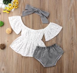 3pcs todddler Baby Girl Kleidung Set Spitze Hohlloch kurz Ärmel Top mit Streifenshorts und Stirnband 3PCS Outfits Set Clothes2110692