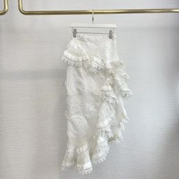 Skirts White Hollow Out Embroidery Lace Patchwork Irregular Midi Skirt 2024 High Quality Silk Linen Elegant Women Clothing