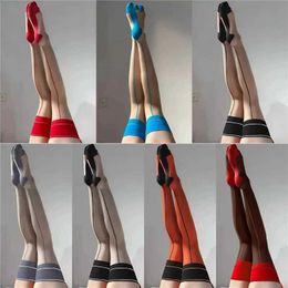 Sexy Socks Sexy Overknee Socks Women Contrast Color Rib Cut Edge Thigh Stockings Retro Cuban Heel Back Seam Medias 10D Thin Transparent 240416