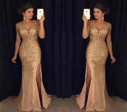 Bling New Sexy Gold Mermaid Evening Dresses Wear V Neck Crystal Beading Side Split Tulle Illusion Sheer Party Evening Gowns Prom D9266387