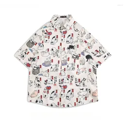 Men's Casual Shirts Youth Japanese Cartoon Print Short-sleeved Trendy High Street Summer Loose Hip Hop Single-breasted Blouse