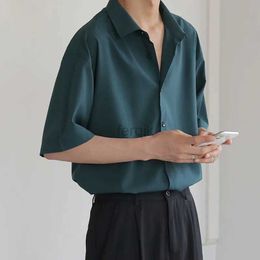 Men's Casual Shirts Summer Short Sleeve for Men Thin Luxury Business Loose All-match Dark Green Harajuku Half-sleeved Dress Shirt 24416