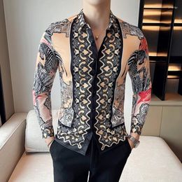 Men's Dress Shirts Luxury Vintage Printed Shirt Long Sleeve Slim Fit Casual Business Social Streetwear Party Tuxedo Blouse 4XL-M