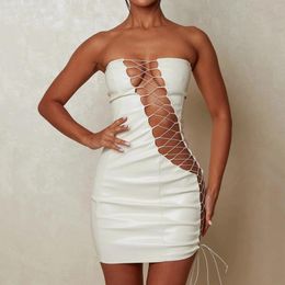 Casual Dresses Sexy Pu Leather Strapless Mini Women 2024 Backless Bodycon Party Short Dress Female Fashion Off Shoulder Tube