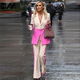 Women's Two Piece Pants Stylish Business Suit One-Button Color-Blocked Bell-Bottom Two-Piece Classic Woman Office Wedding