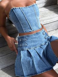 wsevypo Retro Blue Denim Two-Piece Skirt Suits Summer Off-Shoulder Bandeau Corset Crop TopsHigh Waist Mini Pleated Skirts Sets 240411