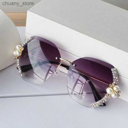 Sunglasses Diamond Pearl Gradient Sunglasses Women Rimless Vintage Luxury Crystal Glasses Fashion Vintage Eyeglasses Lentes De Sol Mujer Y240416