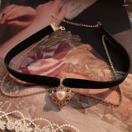 Chains Punk Vintage Pearl Heart Layered Necklace Black Velvet Choker Y2k Gothic Golden Imitation For Women Girls Jewellery Gifts