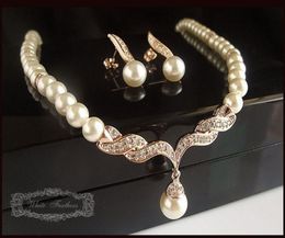 Gold Plated Tear Drop Cream Pearl and Rhinestone Crystal Bridal Necklace and earrings Jewellery Set5379937