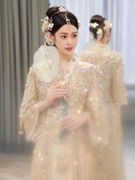 Ethnic Clothing 2024 Women Chinese Wedding Dress Summer Pavilion Bride Evening Party Pearl Fringe Luxury Tang Suit Sets Golden Skirt Xiuhe